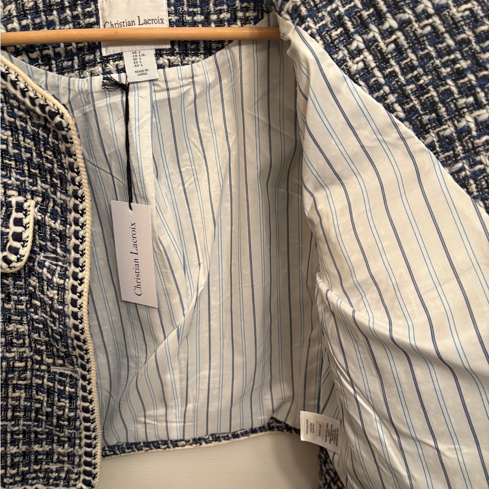 New CHRISTIAN LACROIX Navy White Tweed Blazer Jacket size L - Picture 6 of 8